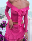 Sexy ruffle one neck top short skirt suit women's two-piece set