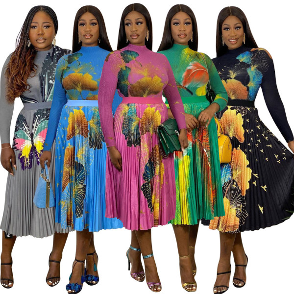 Fashion women's fashion printed pleated high waist skirt suit