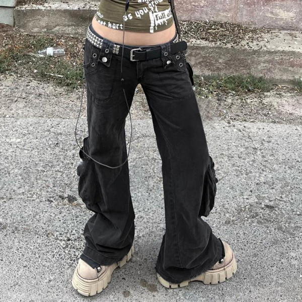 Street waste geotextile style multi pocket straight jeans Spice girl low waist slim casual trousers