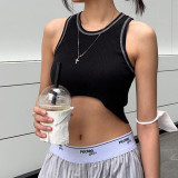 Simple color contrast open knit top with bottom underneath, small thin style with exposed navel vest