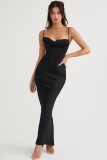 Sexy pile neck satin fishbone pleated suspender dress