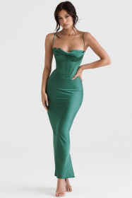 Sexy pile neck satin fishbone pleated suspender dress