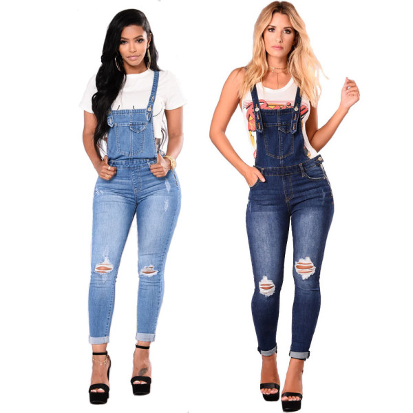 Women's tattered denim straps jeans small straight tube jumpsuit