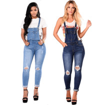 Women's tattered denim straps jeans small straight tube jumpsuit Women's tattered denim straps jeans small straight tube jumpsuit