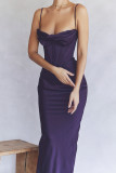 Sexy pile neck satin fishbone pleated suspender dress