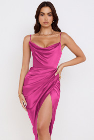 Women's sexy color pile neck pleated backless dress