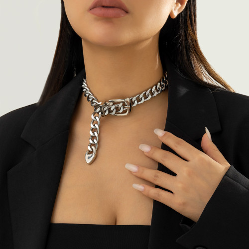 Heavy Chain Belt Buckle Collar Necklace Female Hip Hop Heavy Industry Metal Geometric Necklace