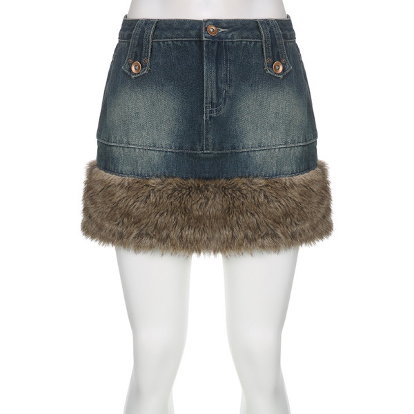 Brown hair strip splicing high waist skirt with waist closing and hip lifting denim skirt