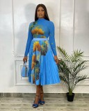 Fashion women's fashion printed pleated high waist skirt suit