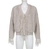 Street Fashion Tassel Raw Edge V-Neck Single breasted Sweater Women's Autumn and Winter European and American Women's Casual Pocket Loose Coat