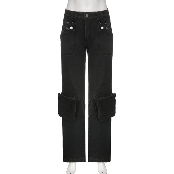 Street waste geotextile style multi pocket straight jeans Spice girl low waist slim casual trousers