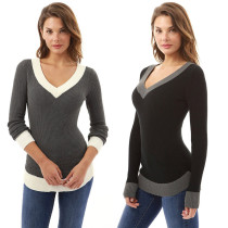 Sexy V-Neck Comfortable Long Sleeve Featured Color Contrast T-Shirt Sexy V-Neck Comfortable Long Sleeve Featured Color Contrast T-Shirt