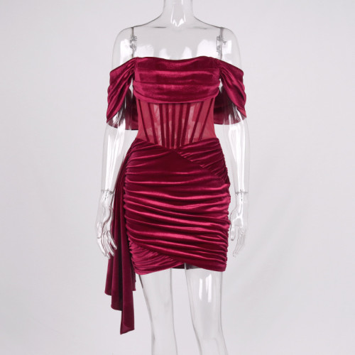 Women's sexy fishbone velvet off shoulder perspective pleated hip wrap skirt