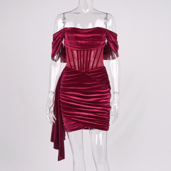 Women's sexy fishbone velvet off shoulder perspective pleated hip wrap skirt