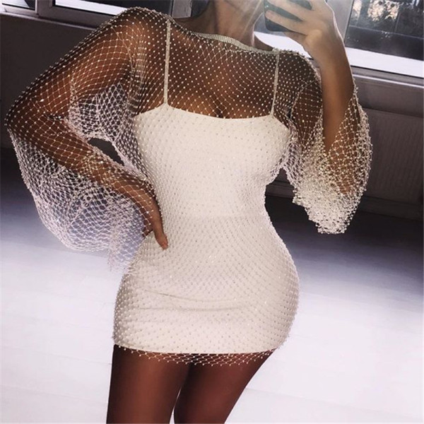 Long Sleeve Mesh Sparkling Round Neck Dress