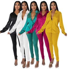 Silk like shirt pencil pants suit