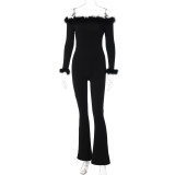 Solid Sexy Plush Splice Off Shoulder Slim Bodysuit