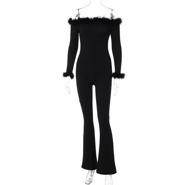 Solid Sexy Plush Splice Off Shoulder Slim Bodysuit