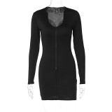 Fashion sexy chest zipper V-neck long sleeve hip wrap dress