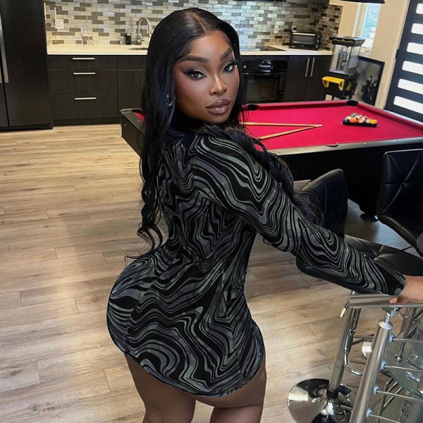 Fashionable printed sexy cut out long sleeve slim wrap skirt