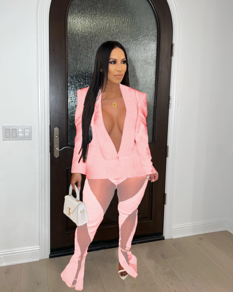 Fashion solid color suit mesh splicing two-piece set