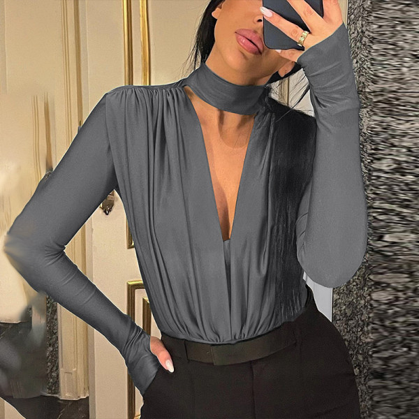 Sexy V-neck slim bottomed long sleeve jumpsuit