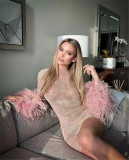Sexy Flash Diamond Mesh Long Sleeve Wool Dress