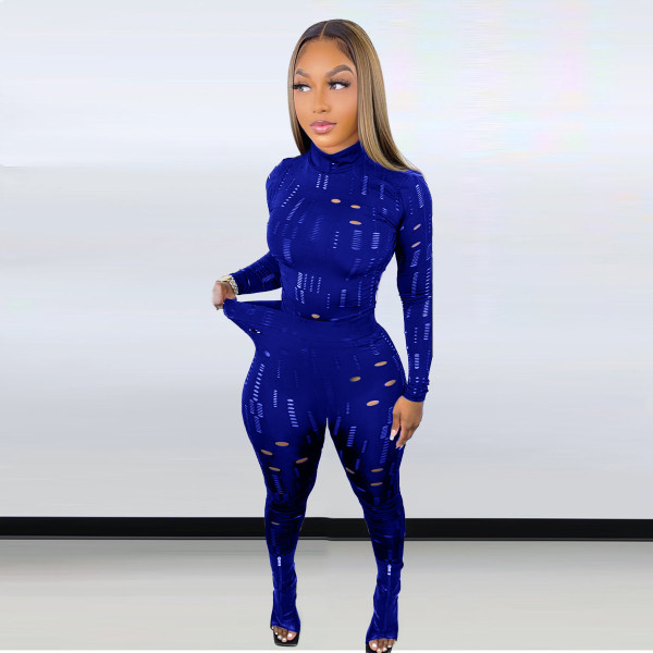 Women's elastic tattered high collar long sleeve top and small pants suit LD82014