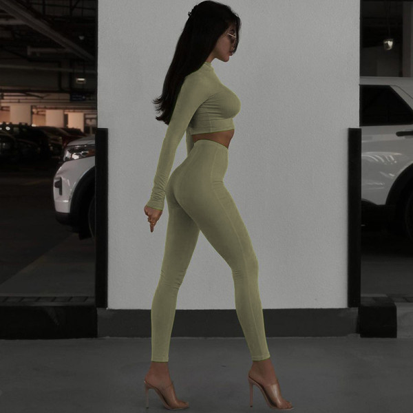 Fashion slim fitting open navel long sleeve top slim yoga pants suit