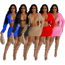 Fashion sexy reversible velvet bra coat hip wrap skirt three piece suit