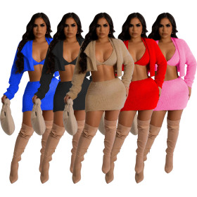 Fashion sexy reversible velvet bra coat hip wrap skirt three piece suit
