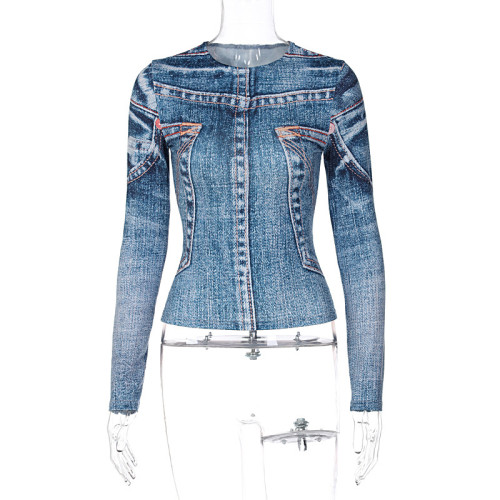 Fashion printed street trendy slim round neck long sleeve shirt