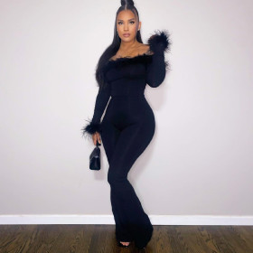 Solid Sexy Plush Splice Off Shoulder Slim Bodysuit