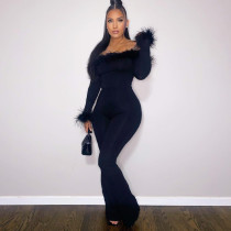 Solid Sexy Plush Splice Off Shoulder Slim Bodysuit Solid Sexy Plush Splice Off Shoulder Slim Bodysuit