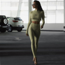 Fashion slim fitting open navel long sleeve top slim yoga pants suit