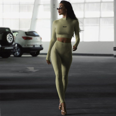 Fashion slim fitting open navel long sleeve top slim yoga pants suit