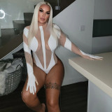 Fashionable sexy mesh perspective splicing long sleeved finger suit jumpsuit