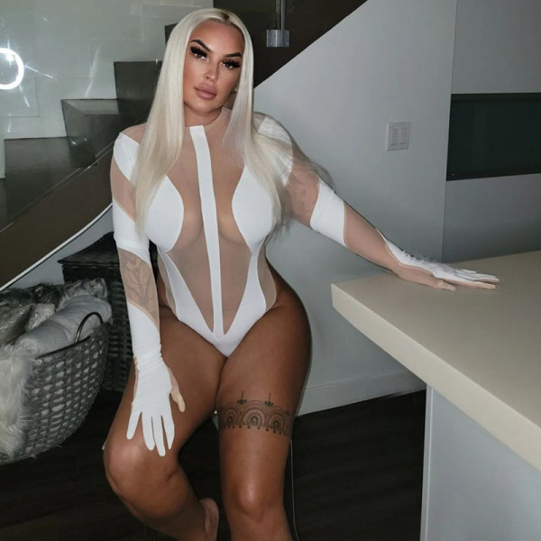 Fashionable sexy mesh perspective splicing long sleeved finger suit jumpsuit
