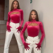 Fashion sexy hollow solid color slim fitting finger suit jumpsuit