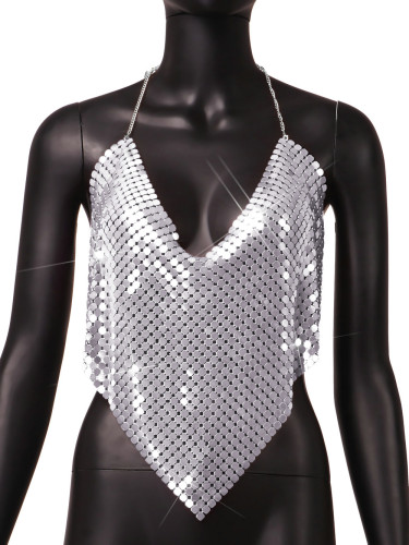 Women's nightclub backless sexy metal sequins heart-shaped open navel sling bra