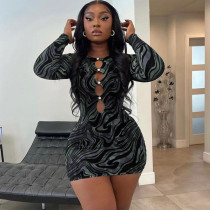 Fashionable printed sexy cut out long sleeve slim wrap skirt Fashionable printed sexy cut out long sleeve slim wrap skirt