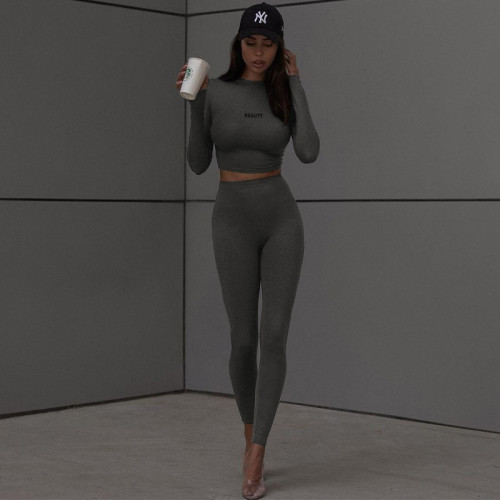 Fashion slim fitting open navel long sleeve top slim yoga pants suit