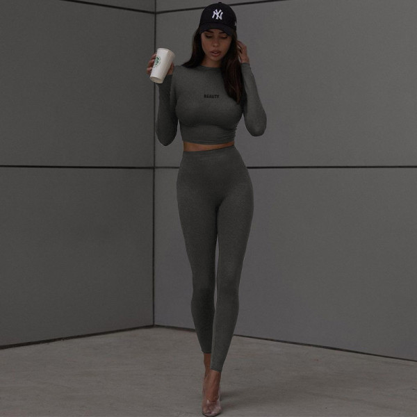 Fashion slim fitting open navel long sleeve top slim yoga pants suit