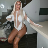 Fashionable sexy mesh perspective splicing long sleeved finger suit jumpsuit