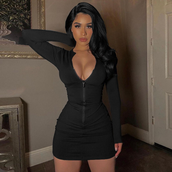 Fashion sexy chest zipper V-neck long sleeve hip wrap dress