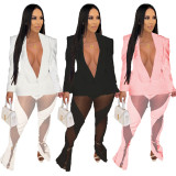 Fashion solid color suit mesh splicing two-piece set