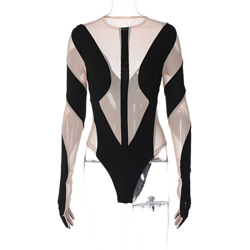 Fashionable sexy mesh perspective splicing long sleeved finger suit jumpsuit