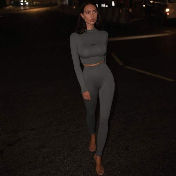 Fashion slim fitting open navel long sleeve top slim yoga pants suit