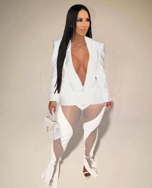 Fashion solid color suit mesh splicing two-piece set