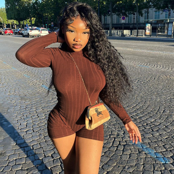 Fashion casual solid color slim back zipper long sleeve jumpsuit